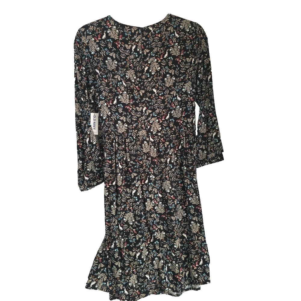 $25 NWT OLD NAVY long sleeve babydoll dress S Tall black blue floral bunny zips - Picture 5 of 14